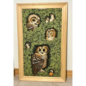 Framed 100% Pure Linen Lois Long Kay-Dee Owl Tea Towel MCM Kitschy 1970s